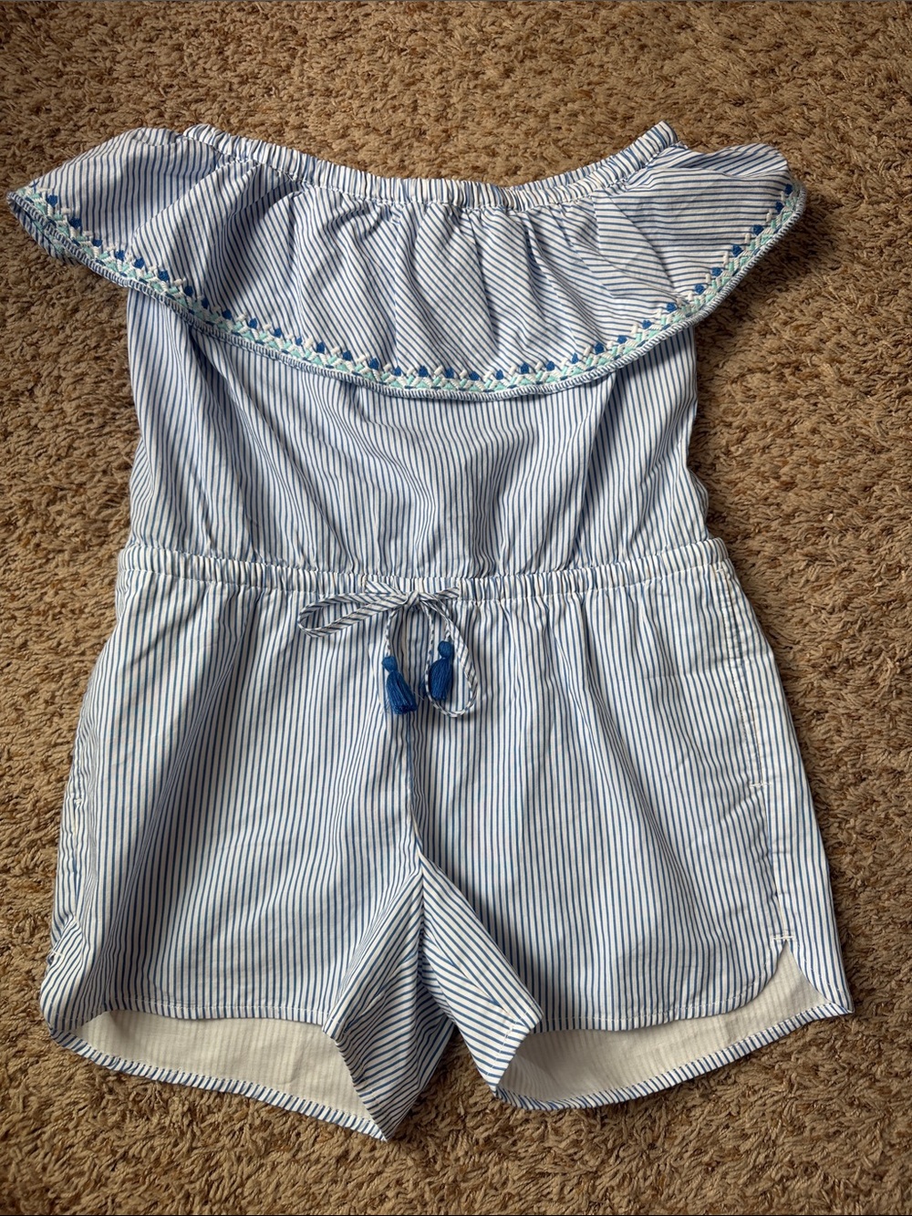 Vineyard Vines Blue Striped Strapless Ruffle Romper Cornflower